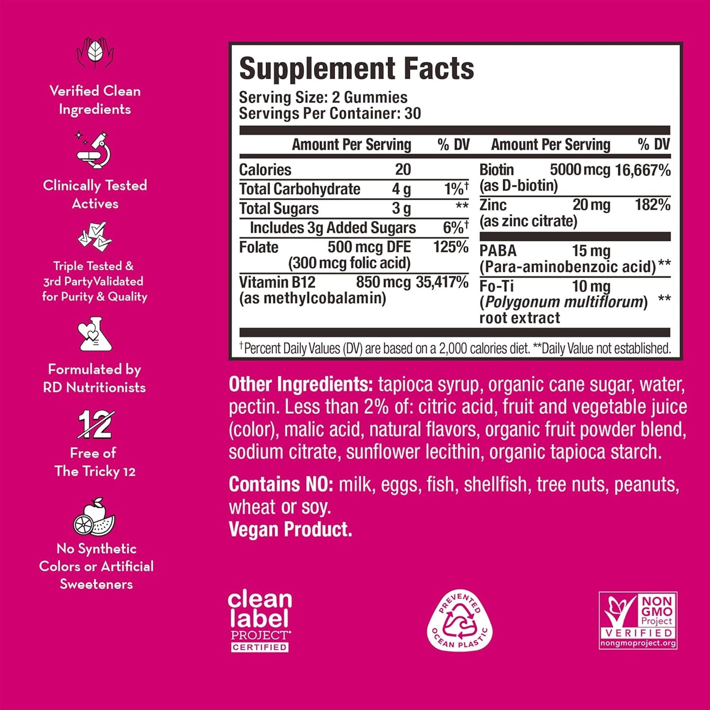 Biotin Gummies for Hair Growth with Fo Ti, Folic Acid, Zinc, Vitamin B12 & PABA - Hair, Skin, and Nails Support for Women and Men (60-Count)