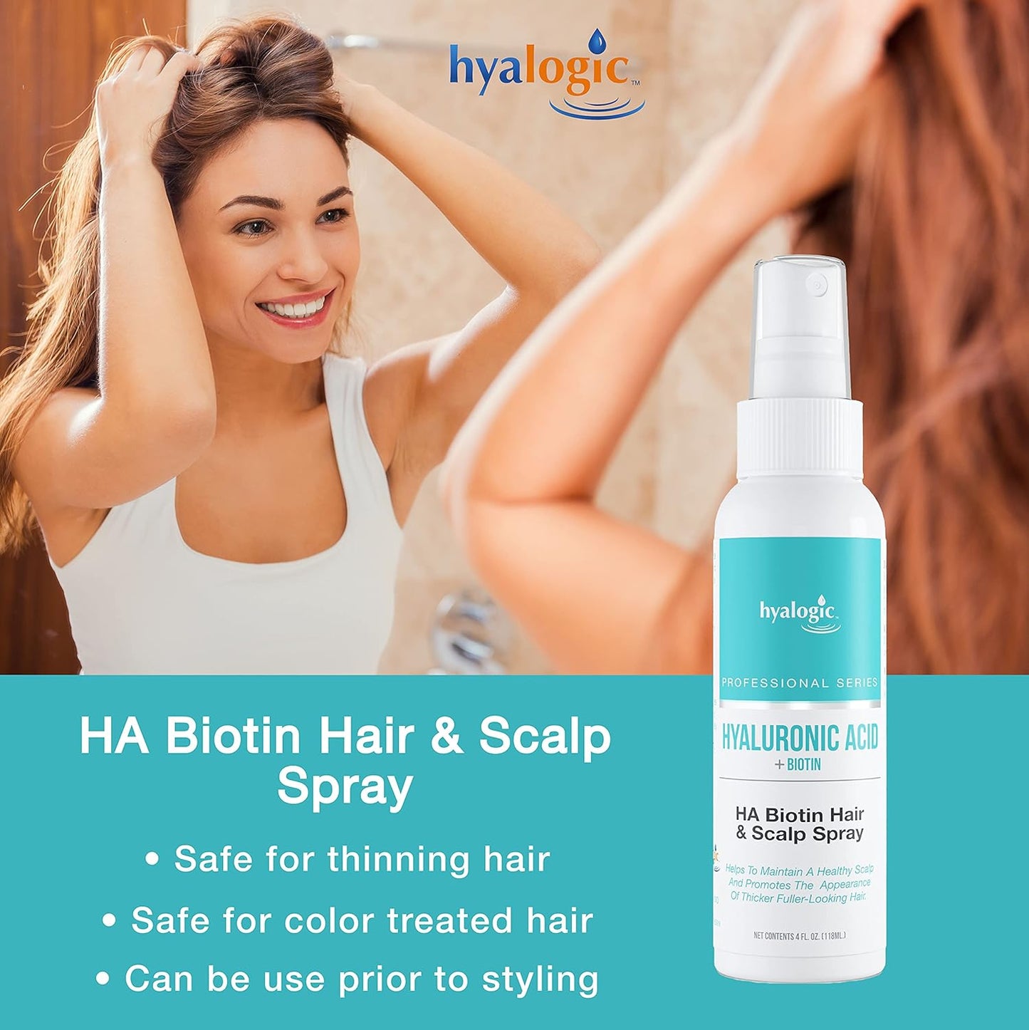 Biotin Hair Growth Spray with Hyaluronic Acid for Thinning Hair - Professional Scalp Hydration and Volumizing Product - Non-Greasy Formula (4 Fl oz)