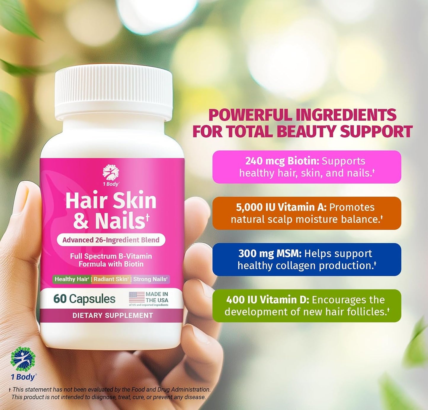 Biotin Hair Skin Nails Vitamins - 26 Vitamins Minerals Herb Extracts - Hair Nail Growth, Skin Glow - Men Women - 60 Vegan Capsules