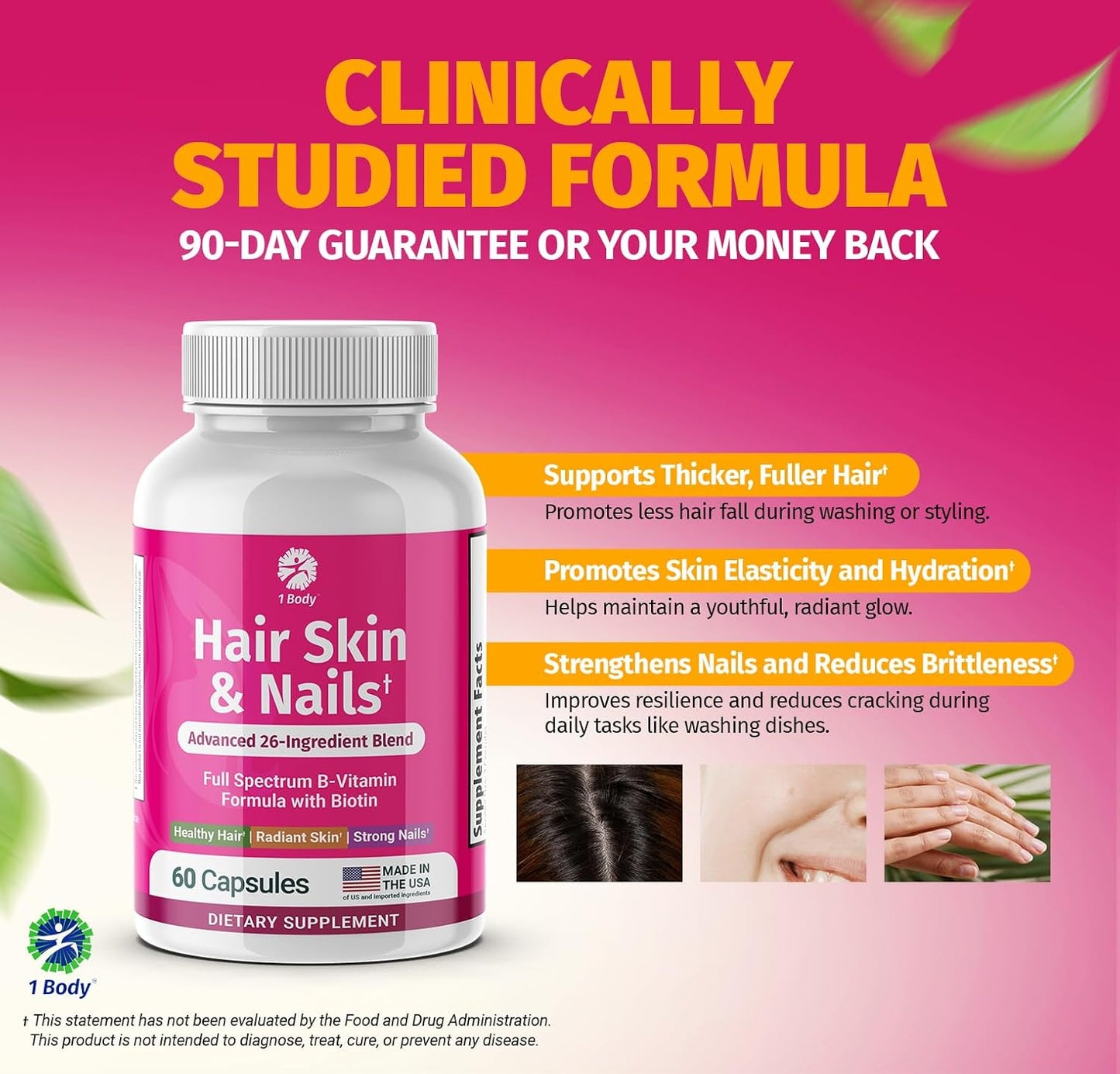 Biotin Hair Skin Nails Vitamins - 26 Vitamins Minerals Herb Extracts - Hair Nail Growth, Skin Glow - Men Women - 60 Vegan Capsules