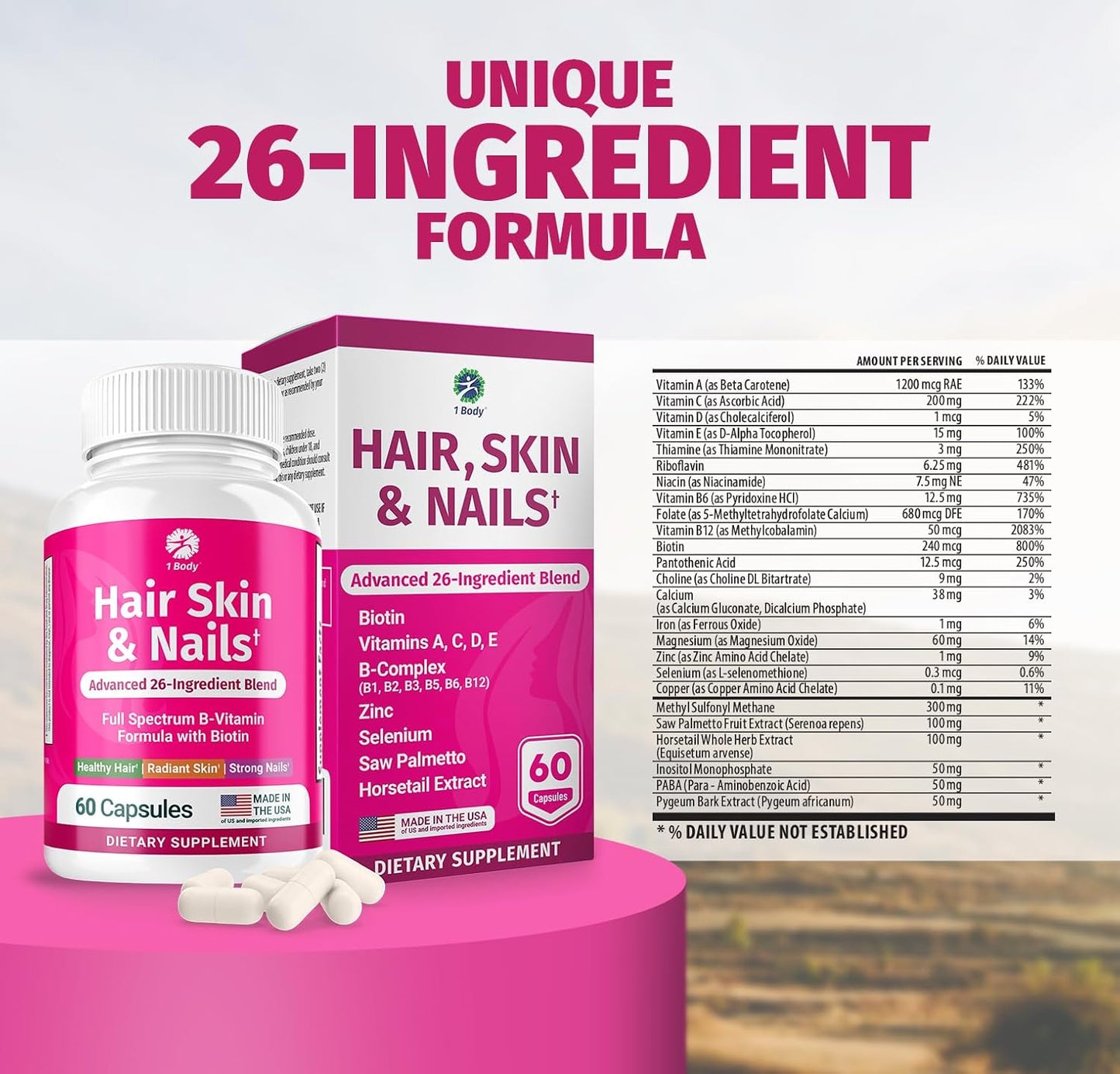 Biotin Hair Skin Nails Vitamins - 26 Vitamins Minerals Herb Extracts - Hair Nail Growth, Skin Glow - Men Women - 60 Vegan Capsules