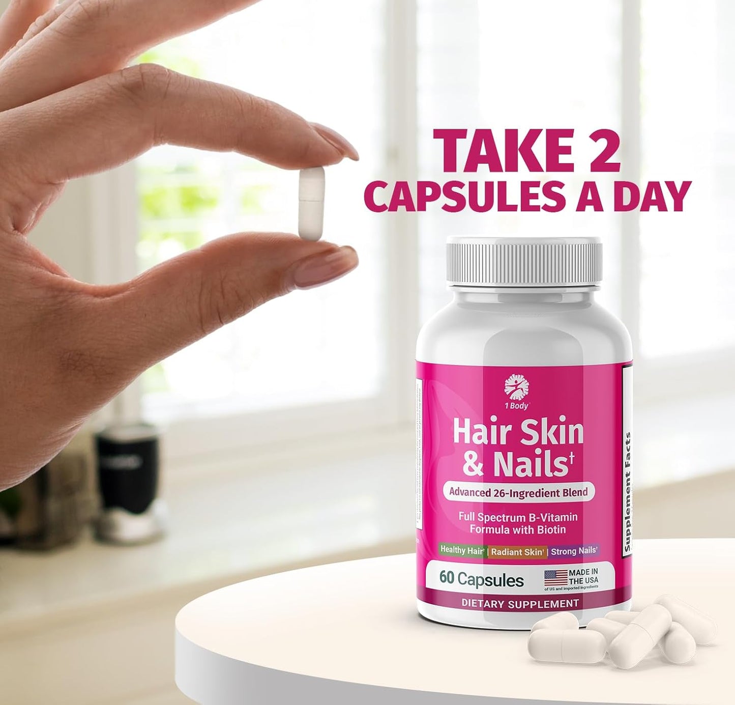 Biotin Hair Skin Nails Vitamins - 26 Vitamins Minerals Herb Extracts - Hair Nail Growth, Skin Glow - Men Women - 60 Vegan Capsules