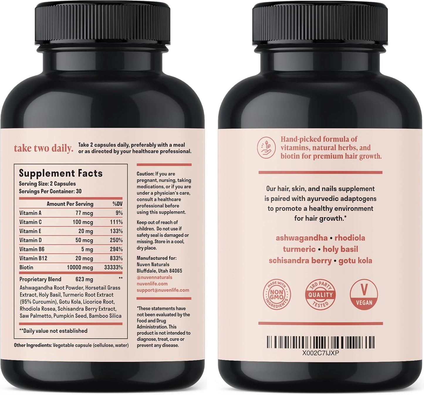 Biotin Hair Vitamins with Essential Vitamins & Adaptogens for Hair, Skin, & Nails - Vegan & Non-GMO Supplement for Health & Growth - 60 Capsules