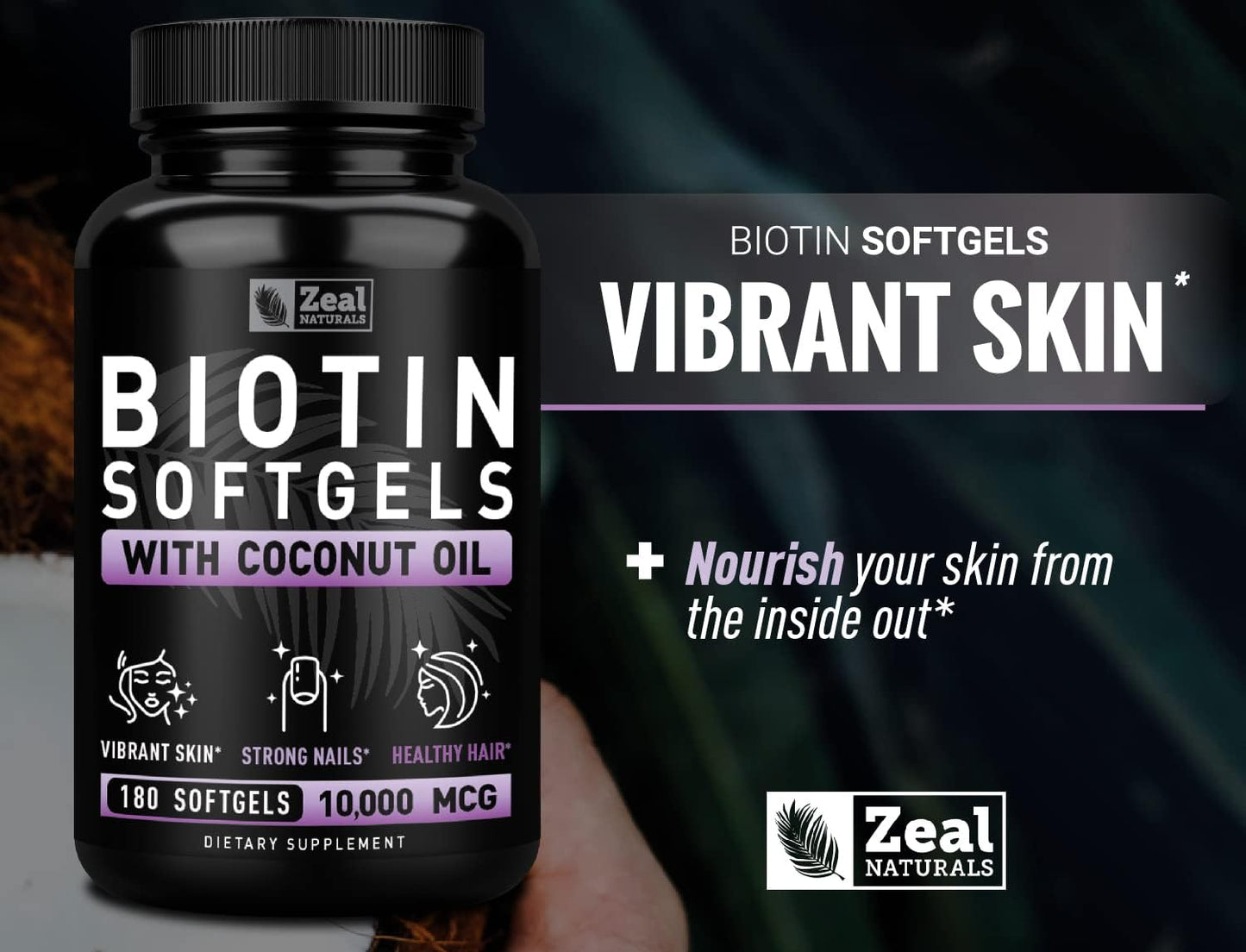 Biotin with Coconut Oil 10000mcg (180 Softgels) - Hair, Skin, Nails Vitamins - Women & Men Hair Growth Supplement