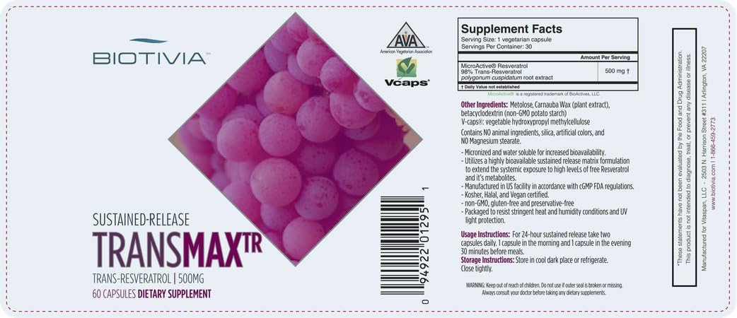 Biotivia Transmax Time Release Resveratrol Supplement - 500mg Trans-resveratrol + Polydatin for Better Absorption - High Potency, Vegetarian, Premium Quality - Physician's Choice - 60 Tablets.