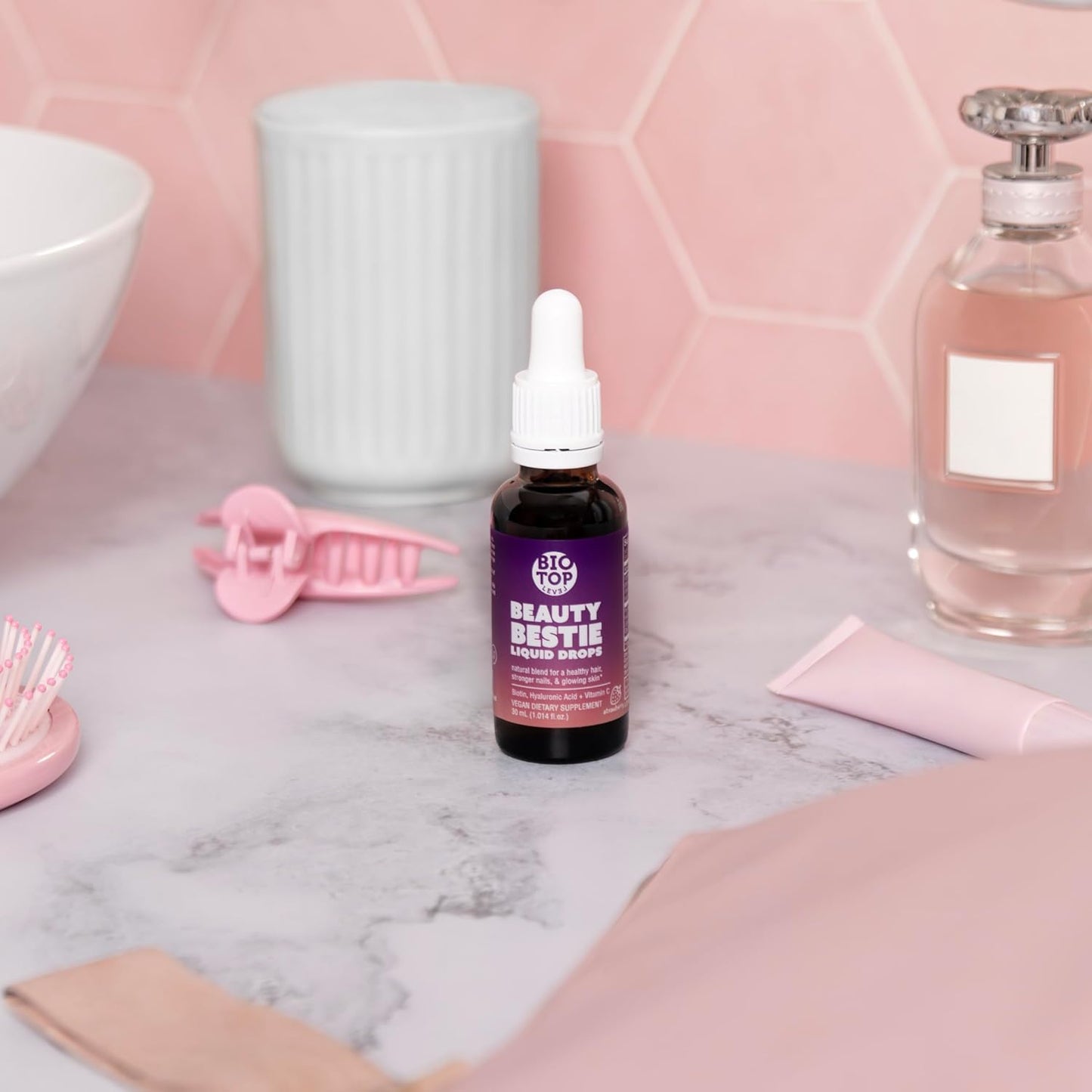 BIOTOPLEVEL Beauty Bestie Vegan Liquid Drops with Biotin, Vitamin C, and Hyaluronic Acid for Healthy Hair, Skin, and Nails Growth - 1 fl oz