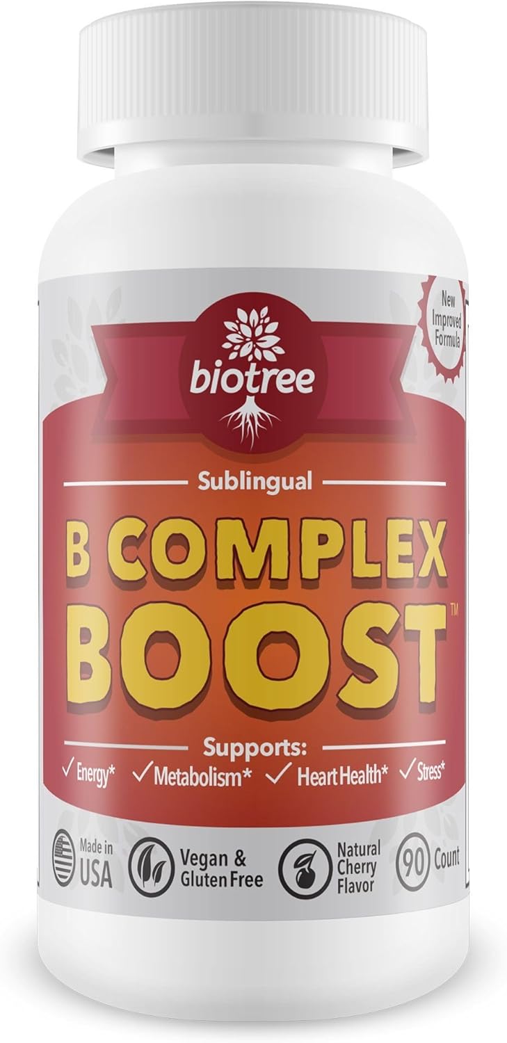 BioTree Labs Vitamin B12 Sublingual Energy Complex with B6, Biotin, Folic Acid - Cherry Flavor, Caffeine Free