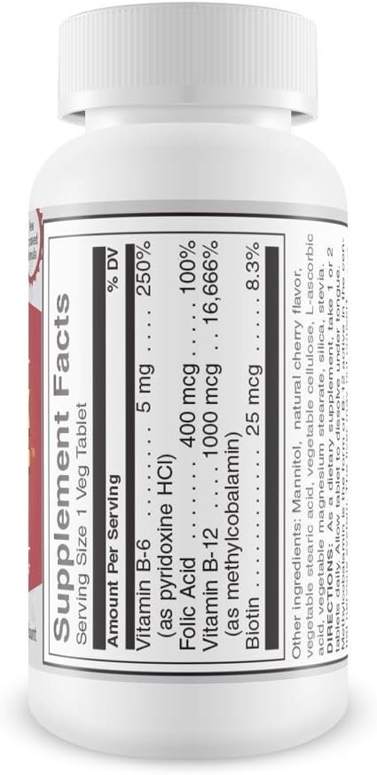 BioTree Labs Vitamin B12 Sublingual Energy Complex with B6, Biotin, Folic Acid - Cherry Flavor, Caffeine Free