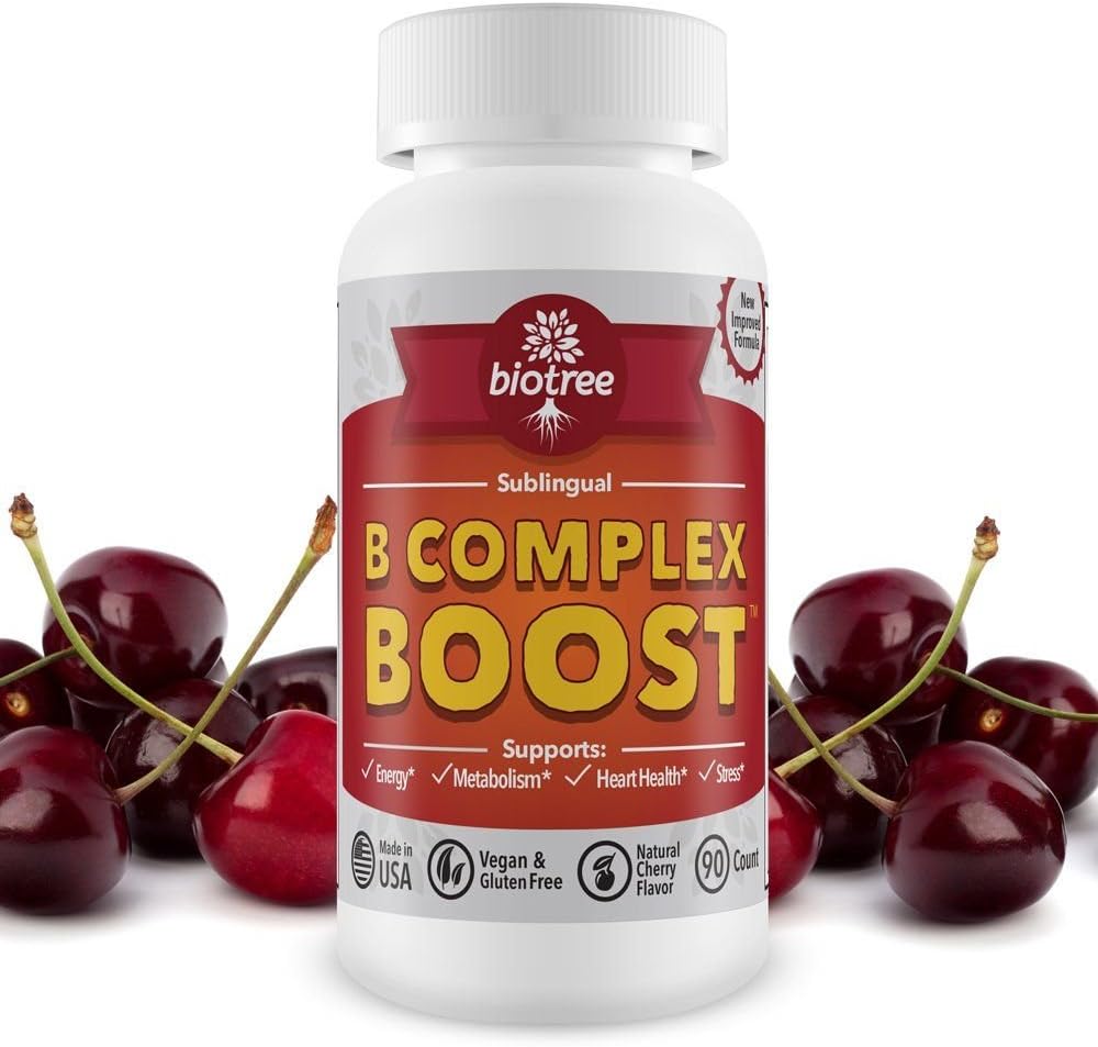 BioTree Labs Vitamin B12 Sublingual Energy Complex with B6, Biotin, Folic Acid - Cherry Flavor, Caffeine Free
