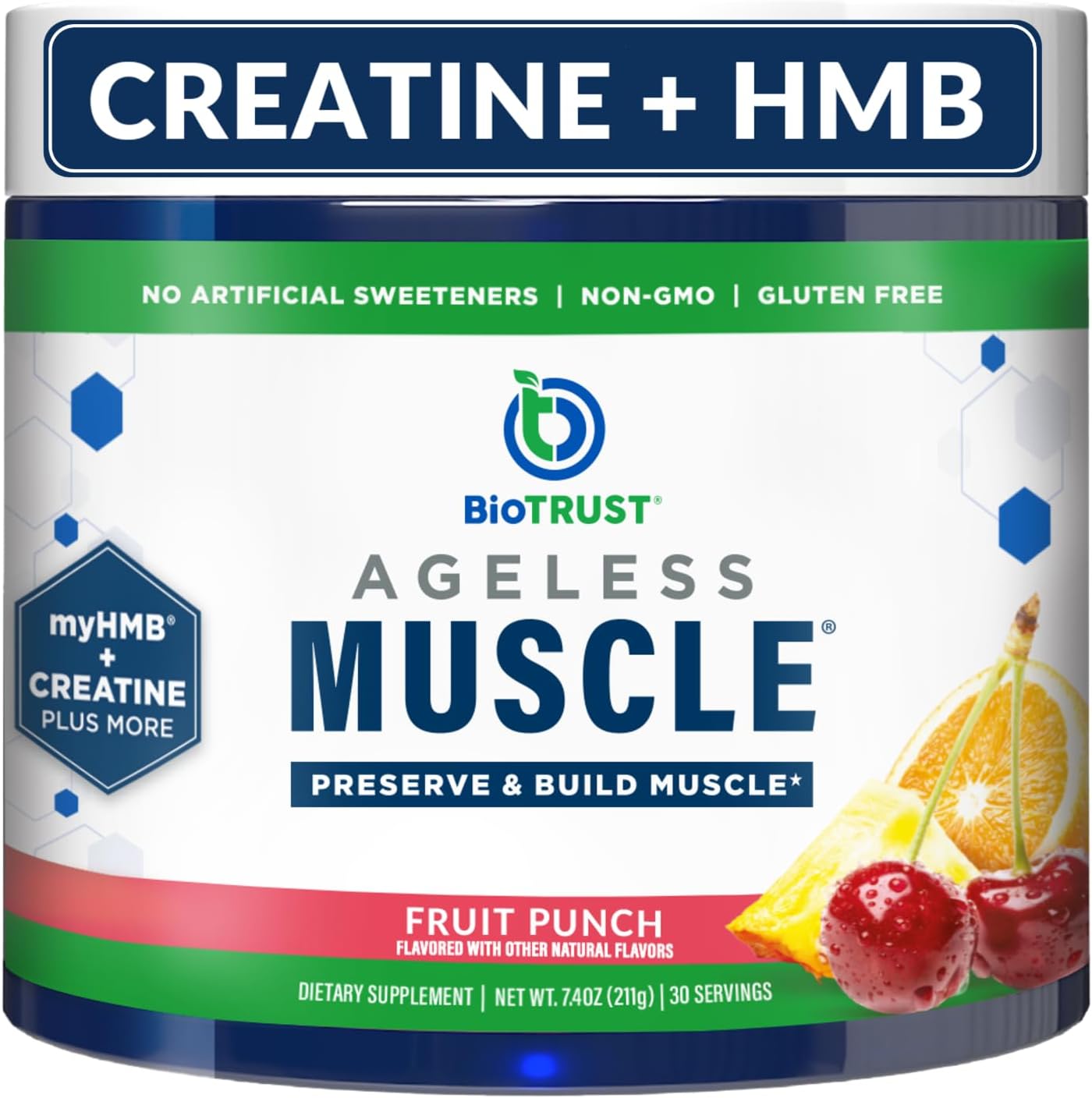 BioTrust Ageless Muscle Builder - Natural Creatine HMB Powder with Vitamin D3 & Betaine for Muscle Mass & Strength - Fruit Punch, 30 Servings