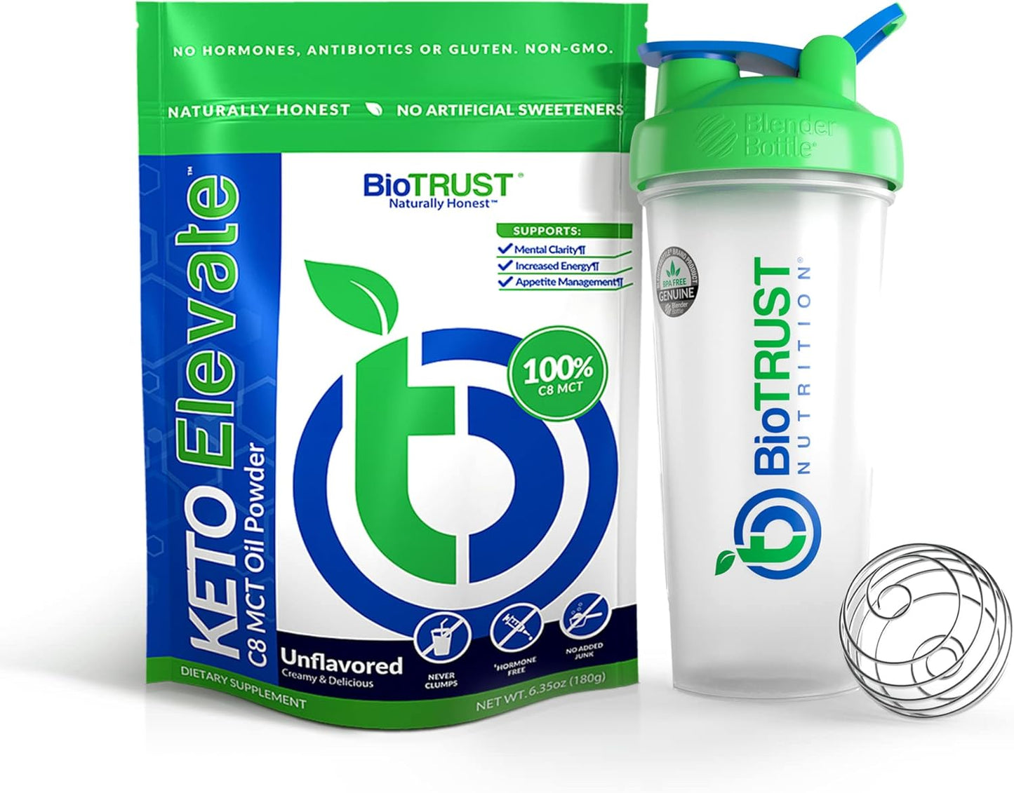 BioTrust Unflavored Keto Elevate Pure C8 MCT Oil Powder with BlenderBottle Bundle