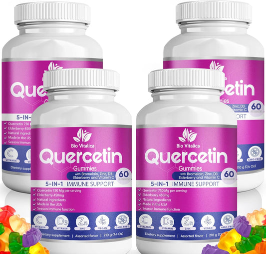 BioVitalica Quercetin Gummies with Bromelain, Vitamin C, Zinc, Elderberry, and Vitamin D3 - Immune Support for Kids and Adults - 750mg Quercetin - 5-in-1 Formula (4 Pack)
