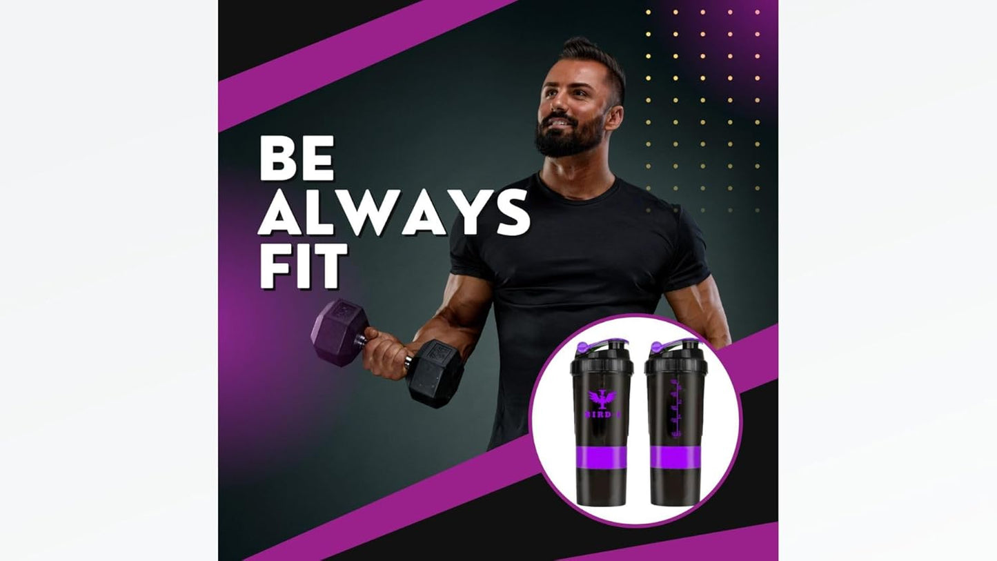 BIRD-I 3-in-1 Gym Protein Shaker 500ml Metal Mixer BPA-Free Purple