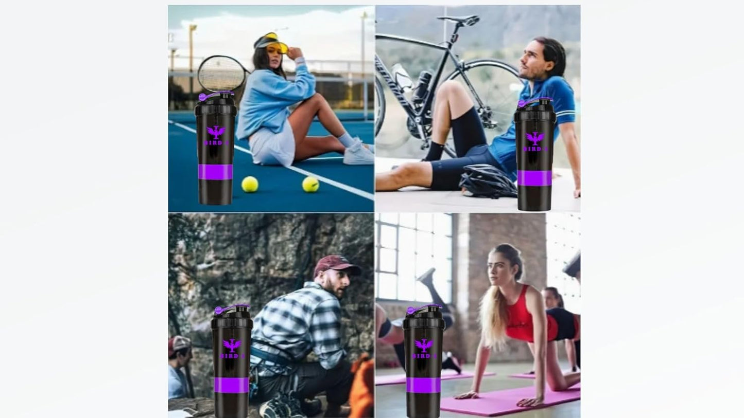 BIRD-I 3-in-1 Gym Protein Shaker 500ml Metal Mixer BPA-Free Purple