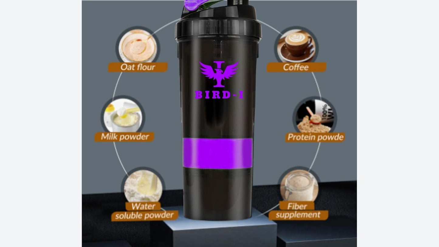 BIRD-I 3-in-1 Gym Protein Shaker 500ml Metal Mixer BPA-Free Purple