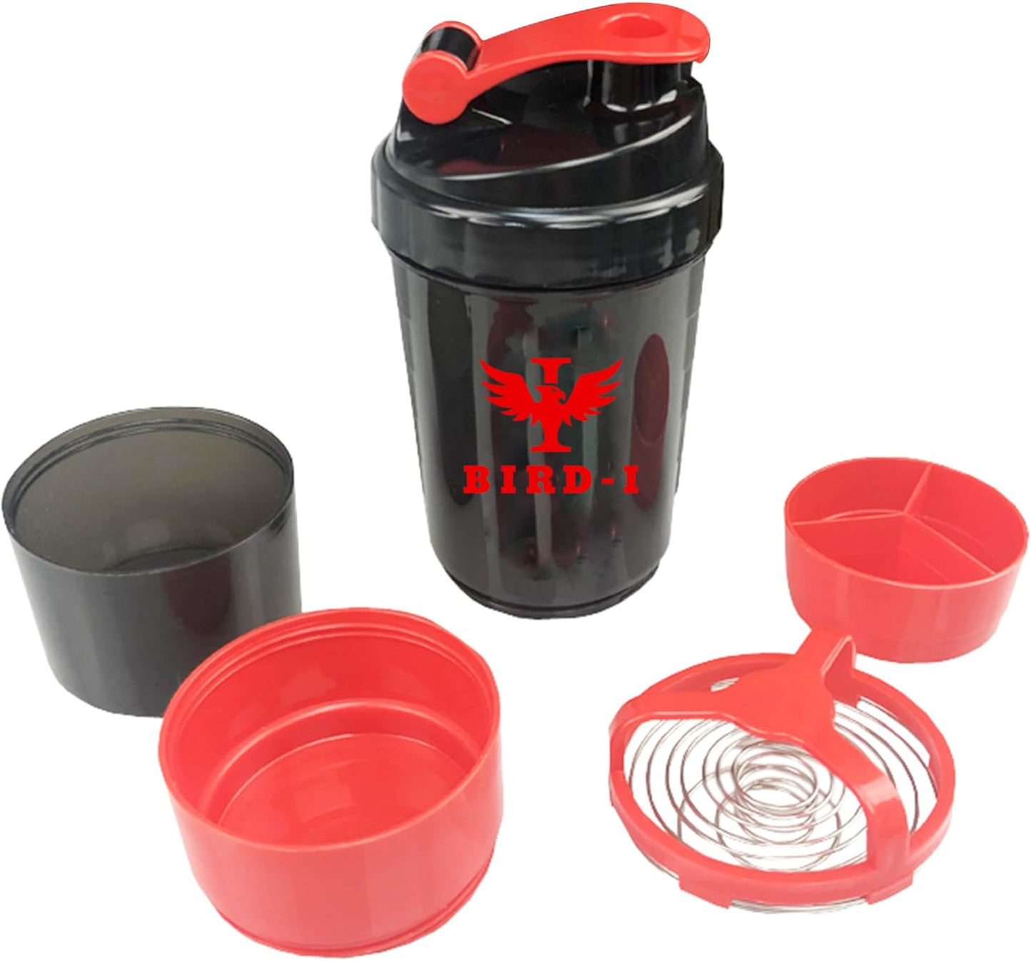 BIRD-I 3-in-1 Gym Protein Shaker, 500ml/16.9oz, BPA-Free Metal Mixer - Red