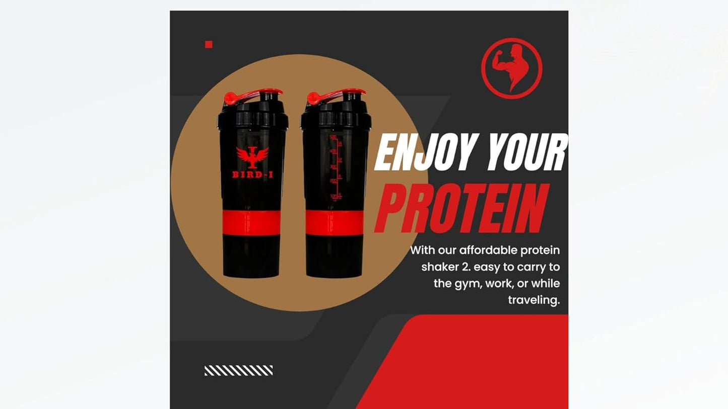 BIRD-I 3-in-1 Gym Protein Shaker, 500ml/16.9oz, BPA-Free Metal Mixer - Red