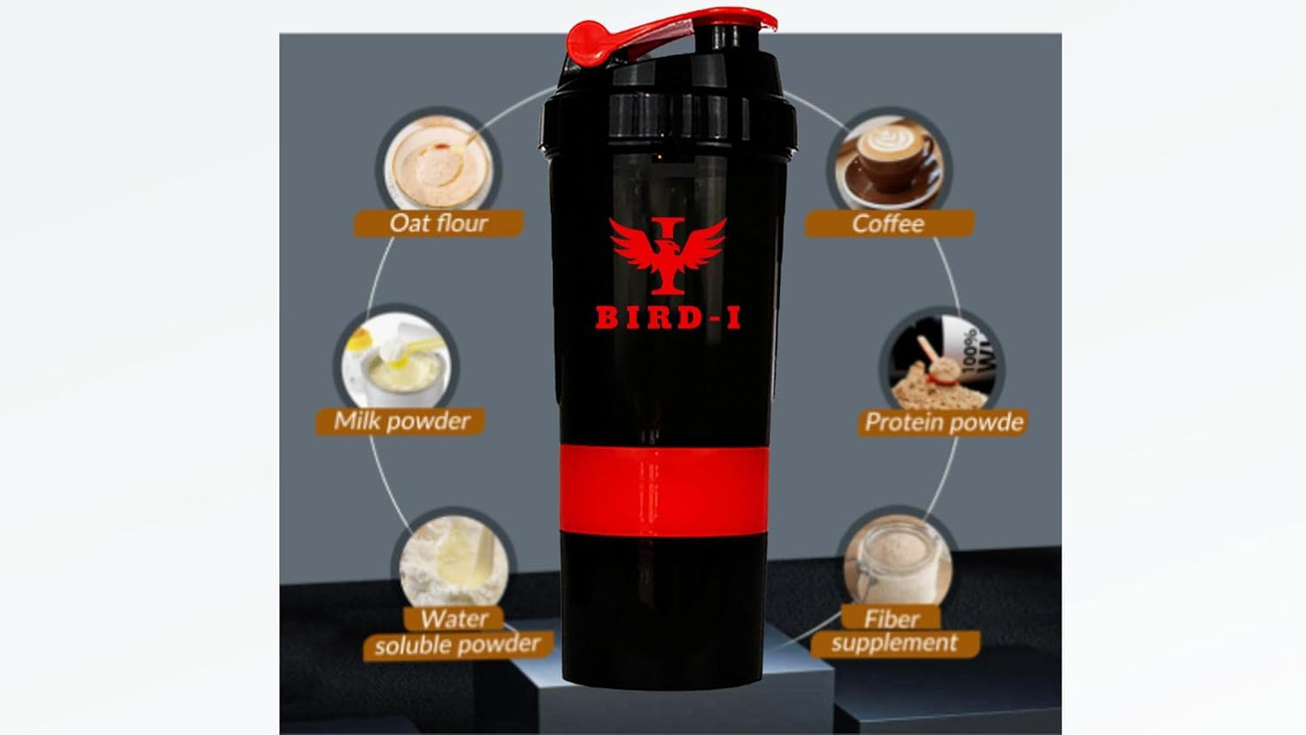 BIRD-I 3-in-1 Gym Protein Shaker, 500ml/16.9oz, BPA-Free Metal Mixer - Red