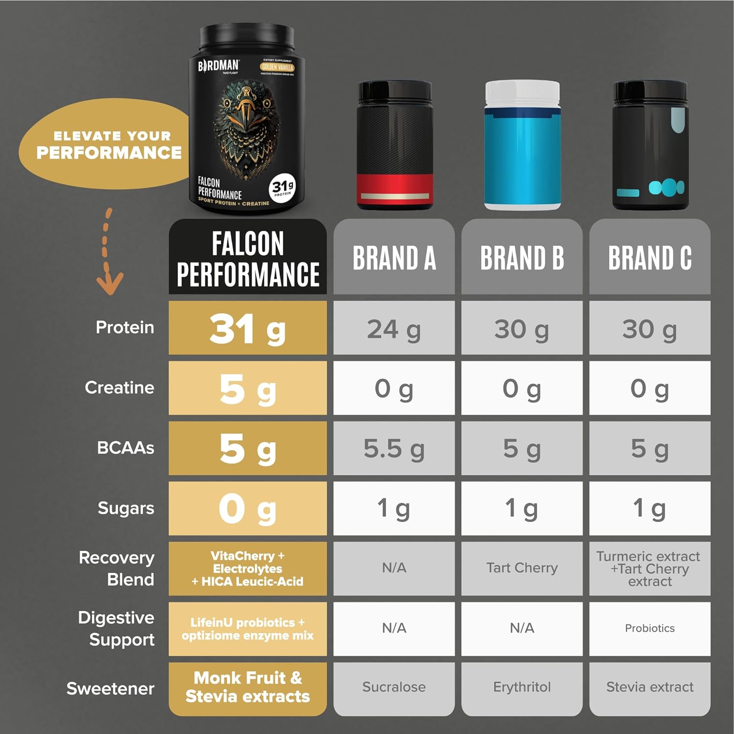 BIRDMAN Falcon Performance Vegan Protein Powder - Plant Based Vanilla Protein with 31g Protein, 5g Creatine, 5g BCAA, Probiotics, Electrolytes, Pre Workout - 19 Servings