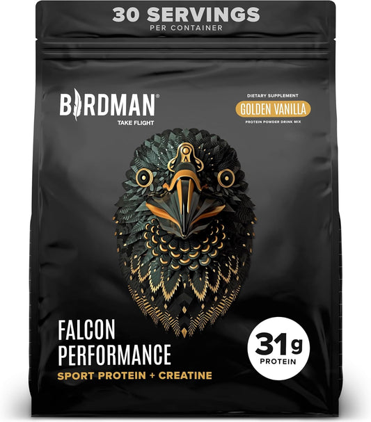 BIRDMAN Falcon Vegan Protein Powder with 31g Protein, 5g Creatine, BCAA, Probiotics, Electrolytes - Vanilla, 30 Servings