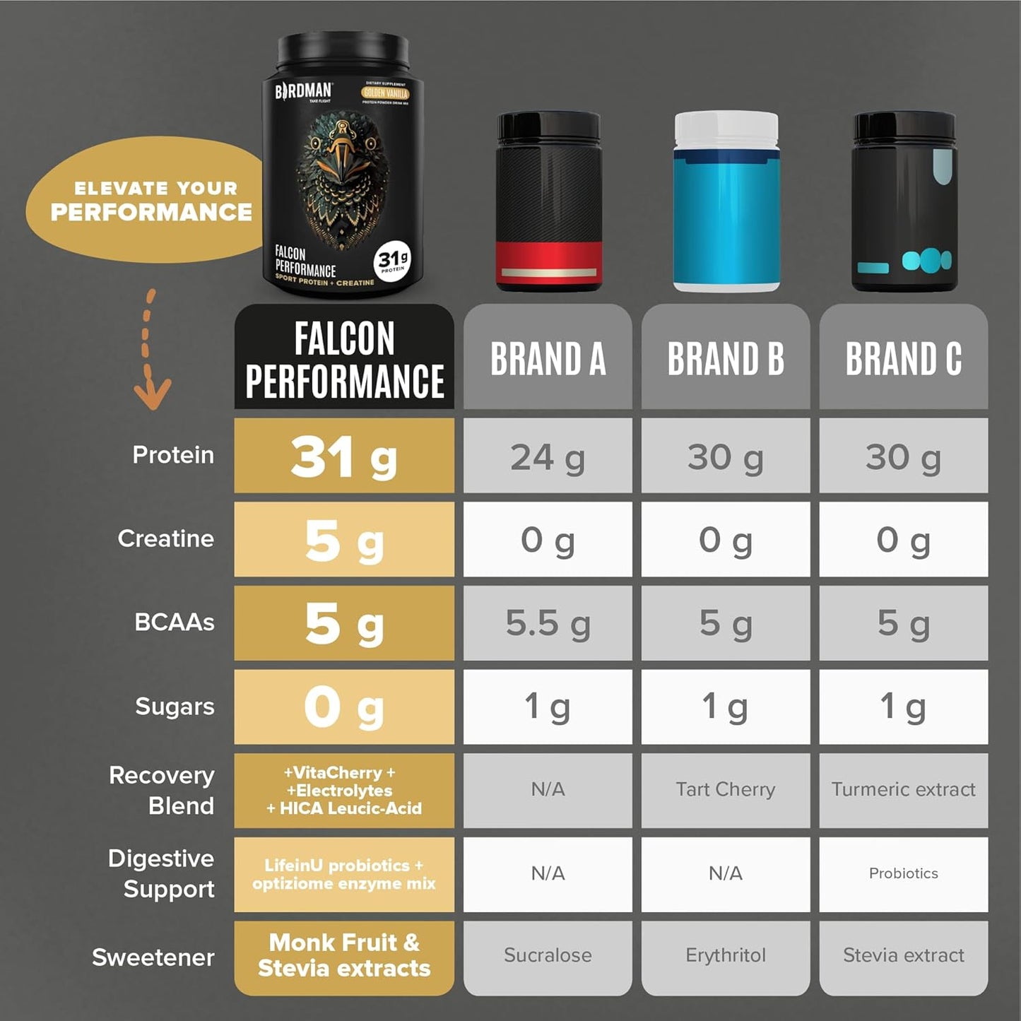 BIRDMAN Falcon Vegan Protein Powder with 31g Protein, 5g Creatine, BCAA, Probiotics, Electrolytes - Vanilla, 30 Servings