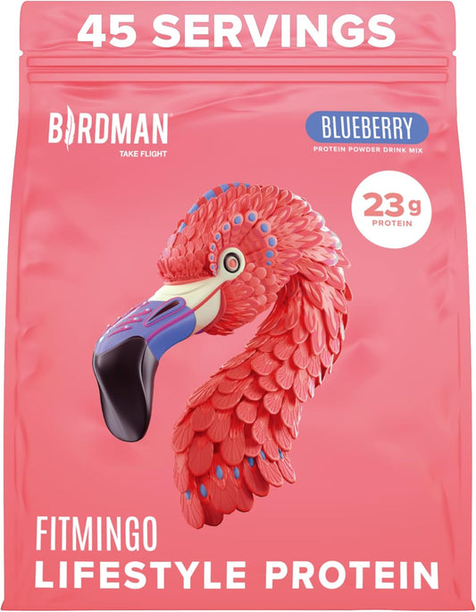 Birdman Fitmingo Blueberry Vegan Protein Powder for Women with Inositol, Collagen Boosters, Hyaluronic Acid & Vitamins | Low Carb, Dairy Free, Lactose Free, Low Calorie, 22g Plant Based