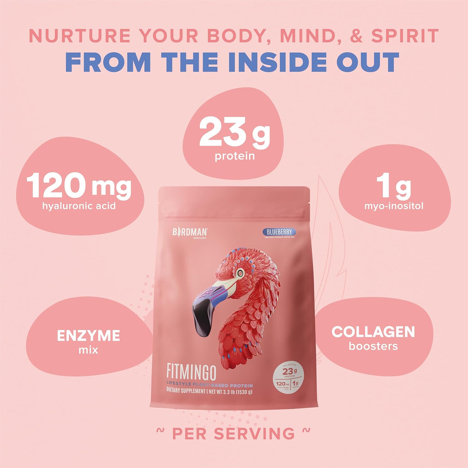 Birdman Fitmingo Blueberry Vegan Protein Powder for Women with Inositol, Collagen Boosters, Hyaluronic Acid & Vitamins | Low Carb, Dairy Free, Lactose Free, Low Calorie, 22g Plant Based