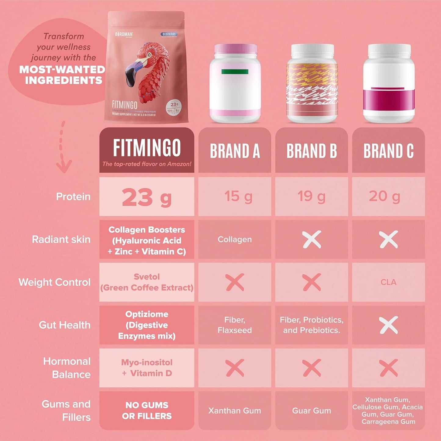 Birdman Fitmingo Blueberry Vegan Protein Powder for Women with Inositol, Collagen Boosters, Hyaluronic Acid & Vitamins | Low Carb, Dairy Free, Lactose Free, Low Calorie, 22g Plant Based