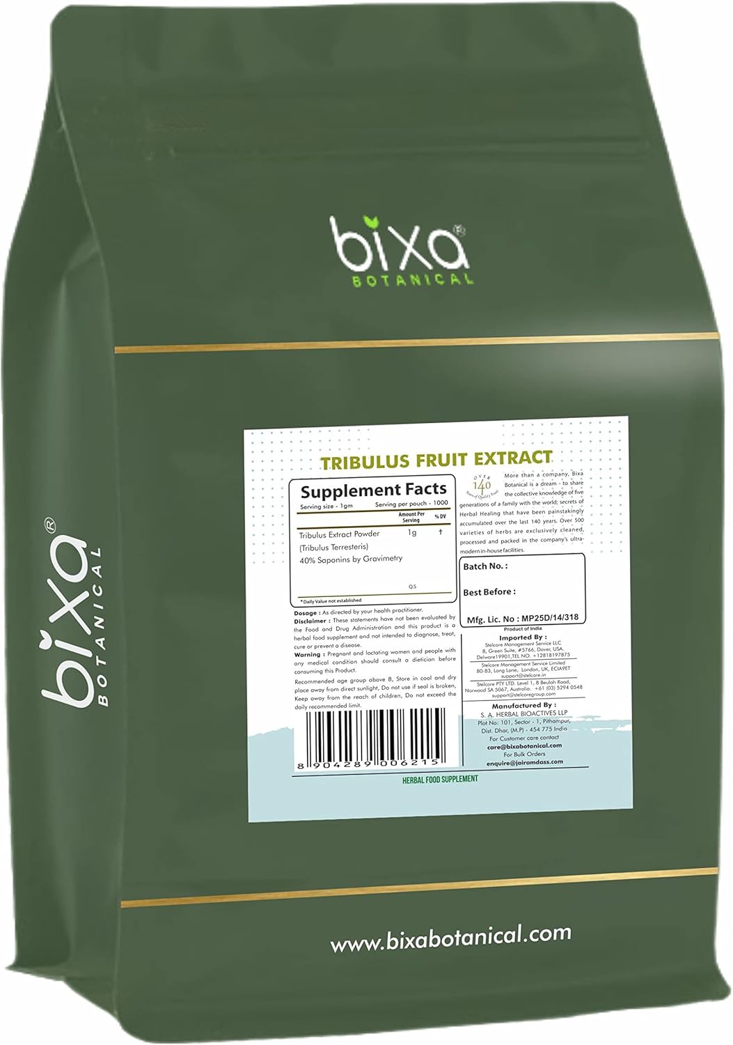 Bixa Botanical Gokhru/Tribulus Dry Extract - 40% Saponins, Pack of 1, Supports Genito-Urinary Health & Muscle Growth