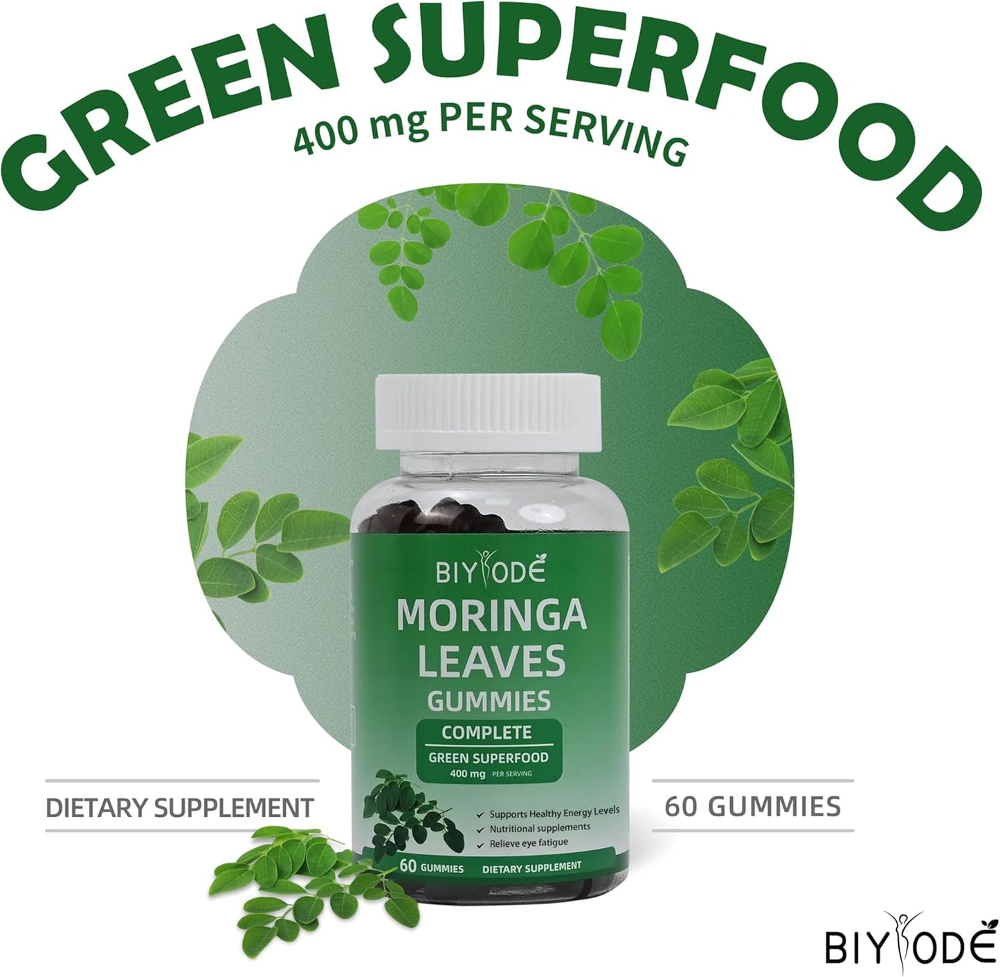BIYODE Moringa Leaf Gummies - Heart Health, Energy, Joint Support - 400mg Antioxidants - 60 Gummies - 30 Day Supply