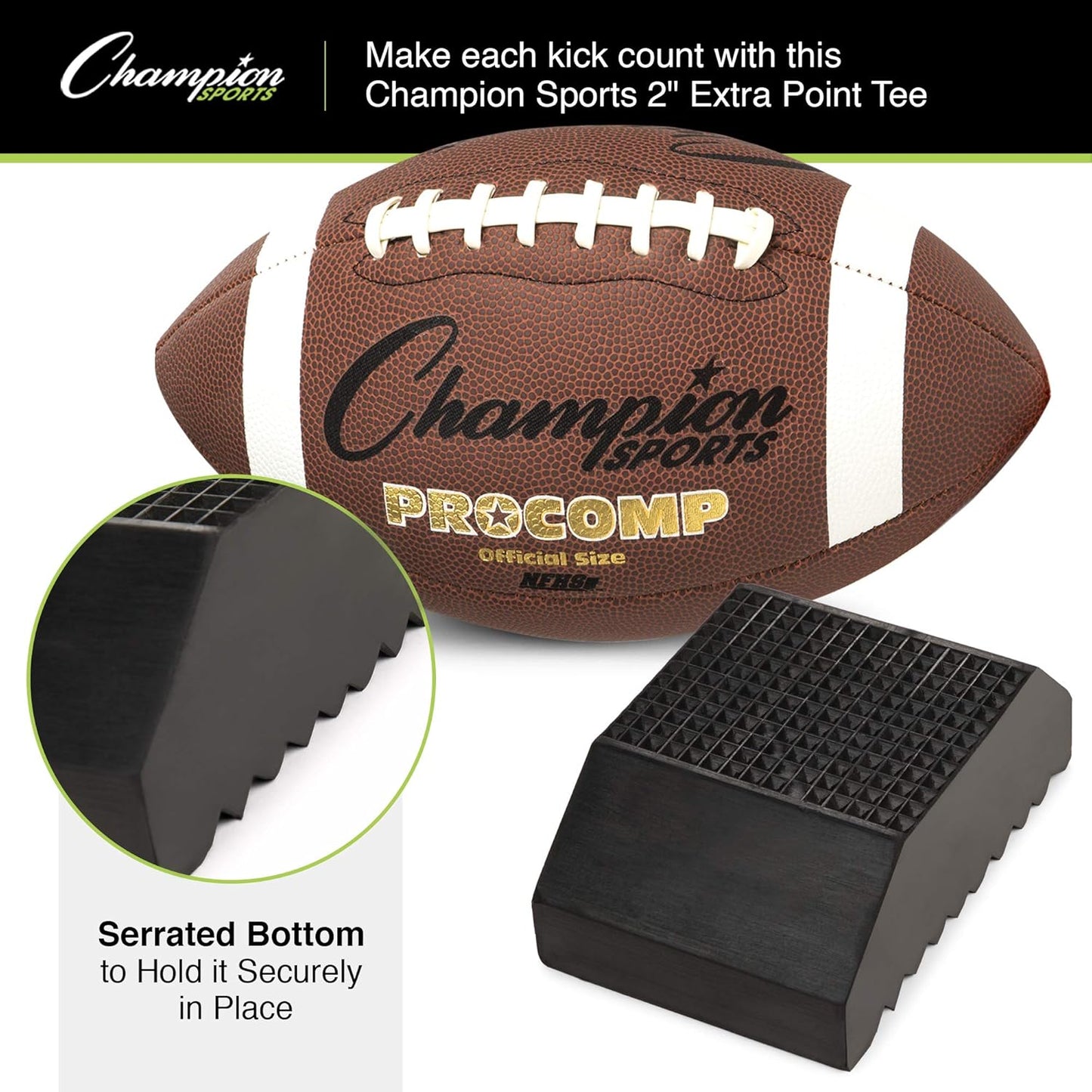 Black 2” Champion Sports Extra-Point Kicking Tee - Ball Holder Tees for Footballs - Kicking Block and Accessories for Adults, Kids, Coaches
