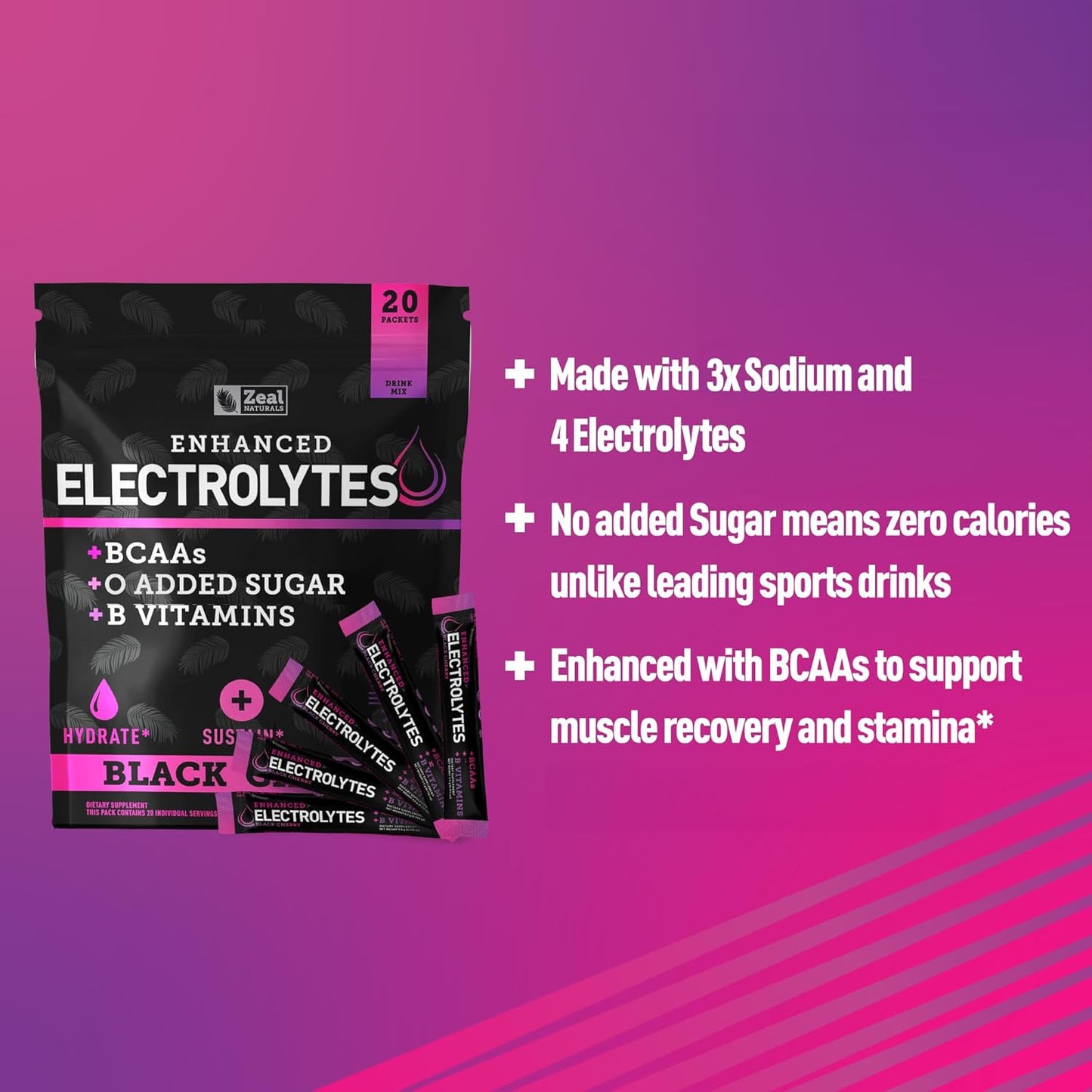 Black Cherry Electrolyte Powder Stick Packs - 20 Packets, Sugar-Free w/ BCAAs & B-Vitamins - Hydration Supplement w/ Potassium, Zinc, Magnesium - Keto-Friendly