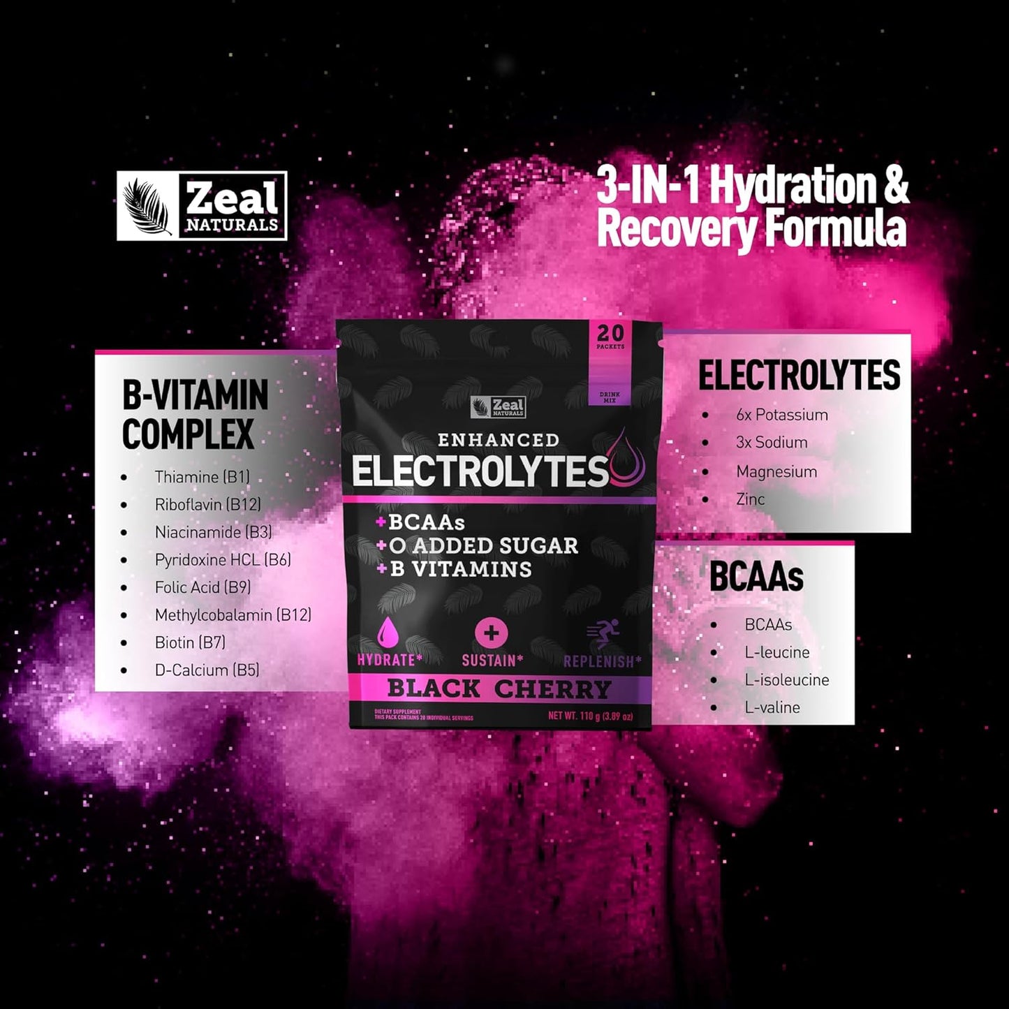 Black Cherry Electrolyte Powder Stick Packs - 20 Packets, Sugar-Free w/ BCAAs & B-Vitamins - Hydration Supplement w/ Potassium, Zinc, Magnesium - Keto-Friendly