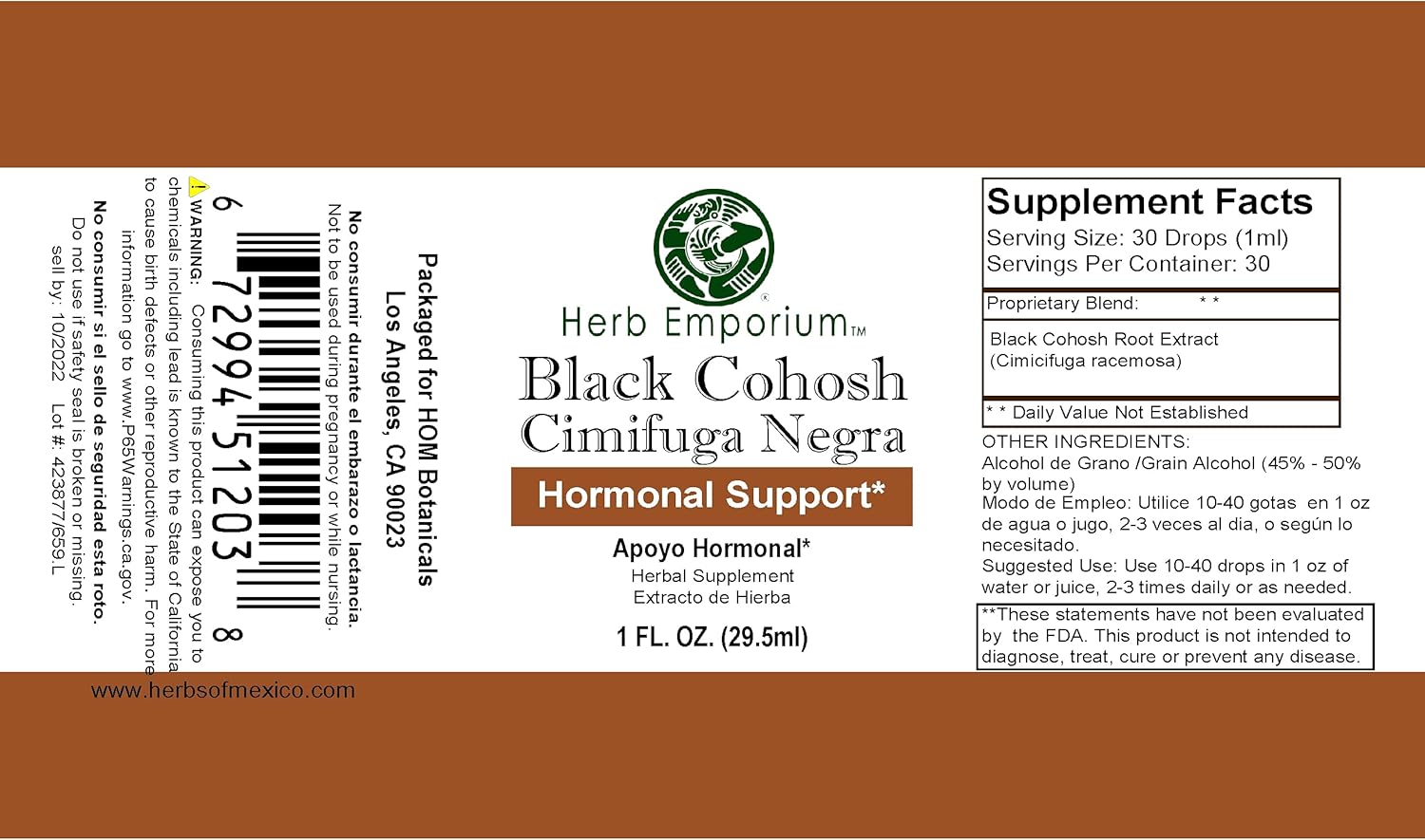 Black Cohosh Root Extract 1fl. oz. Herbal Supplement for Hormonal Support from Herbs of Mexico - Pack of 1