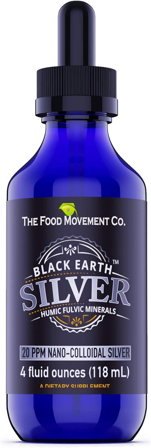 Black Earth Silver 20ppm 4 oz Dropper - Vegan Colloidal Silver Liquid with Humic, Fulvic Acids, Trace Minerals for Digestion, Immune Support