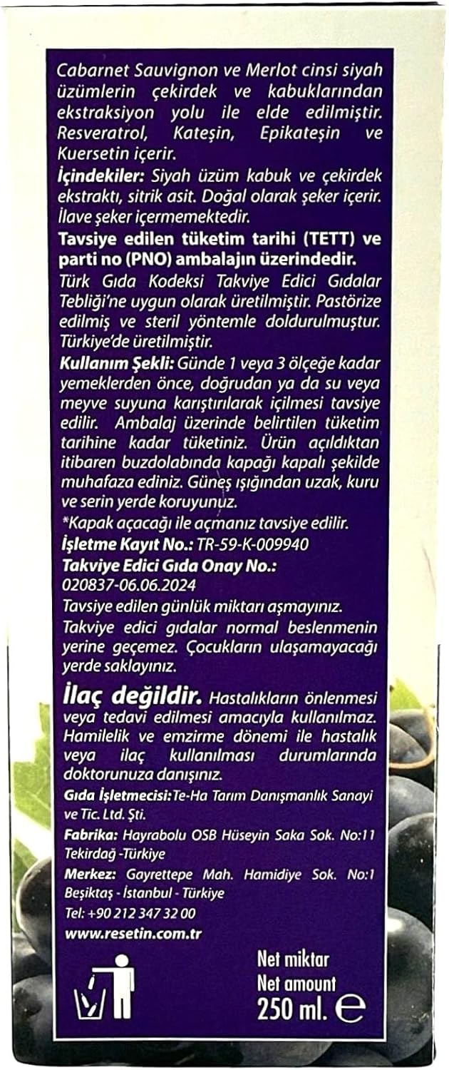 Black Grape Skin and Seed Liquid Extract - High Polyphenol Concentration, Resveratrol, Quercetin, Catechins - 250ml