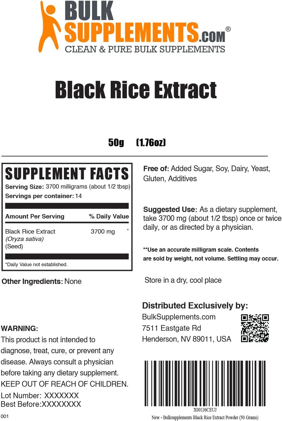 Black Rice Extract Powder - Gluten Free Supplement, 3700mg per Serving - 50g (1.8 oz) - BulkSupplements.com