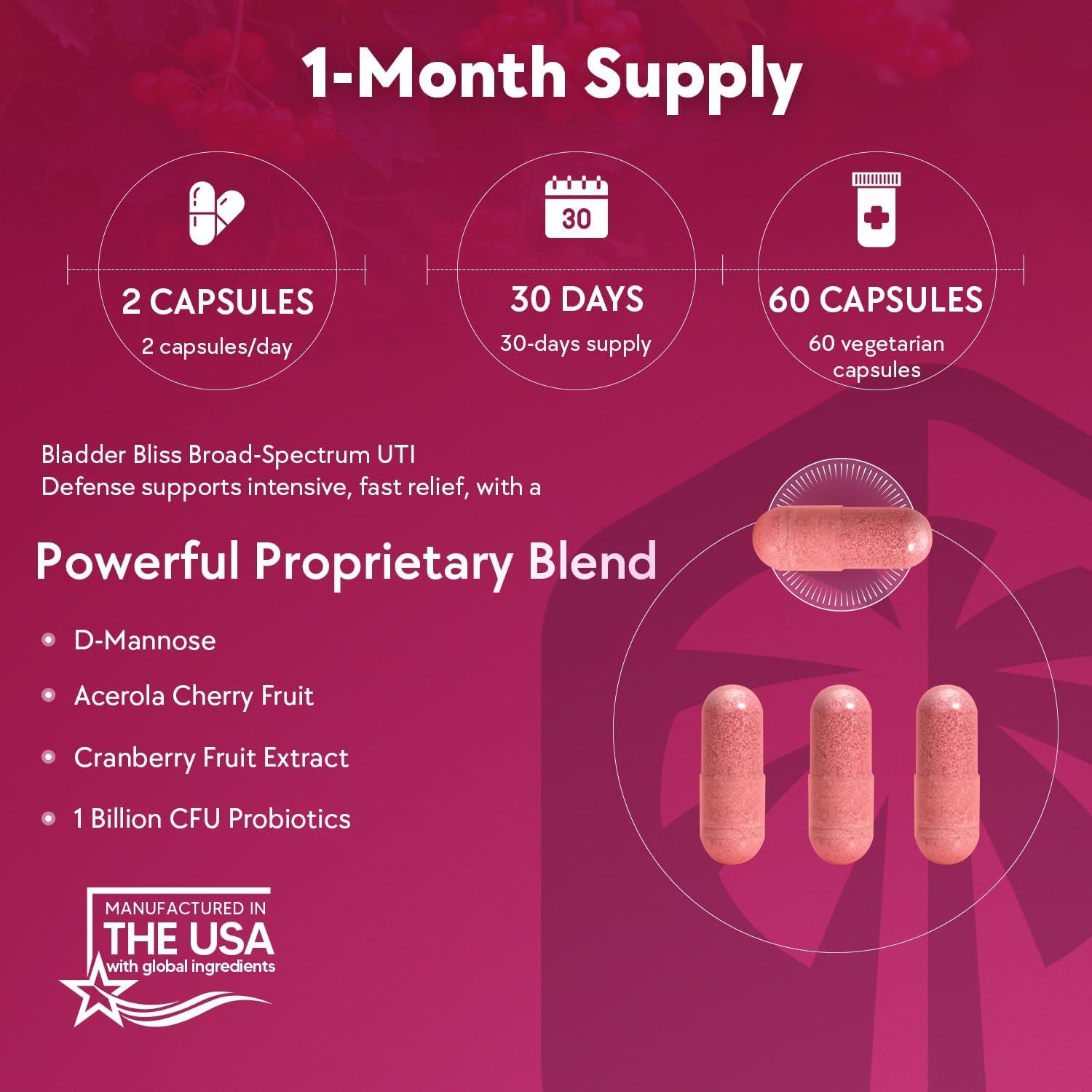 Bladder Bliss: Advanced Cranberry & D-Mannose Supplement for UTI Prevention & Fast-Acting Relief, Non-GMO, Vegan, 60 Ct