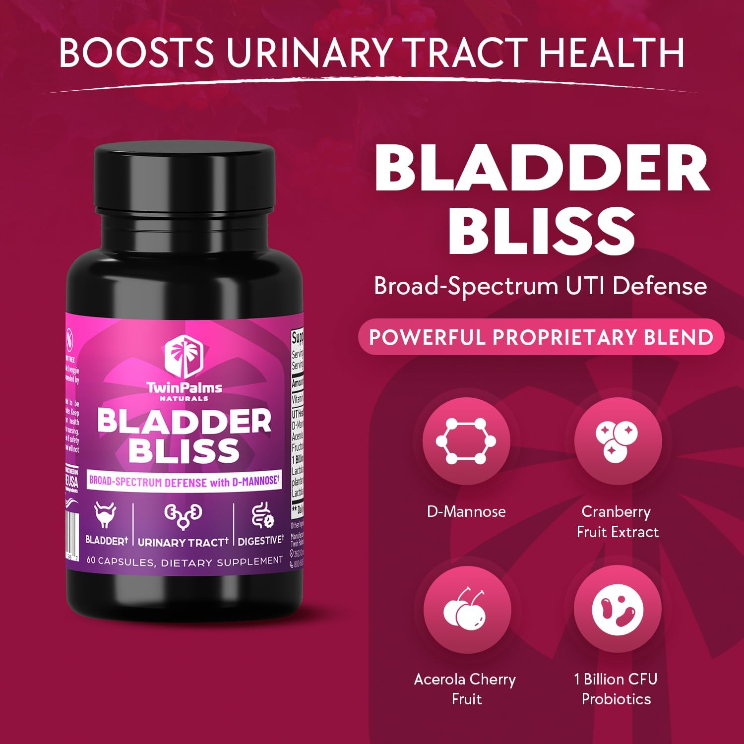 Bladder Bliss: Advanced Cranberry & D-Mannose Supplement for UTI Prevention & Fast-Acting Relief, Non-GMO, Vegan, 60 Ct