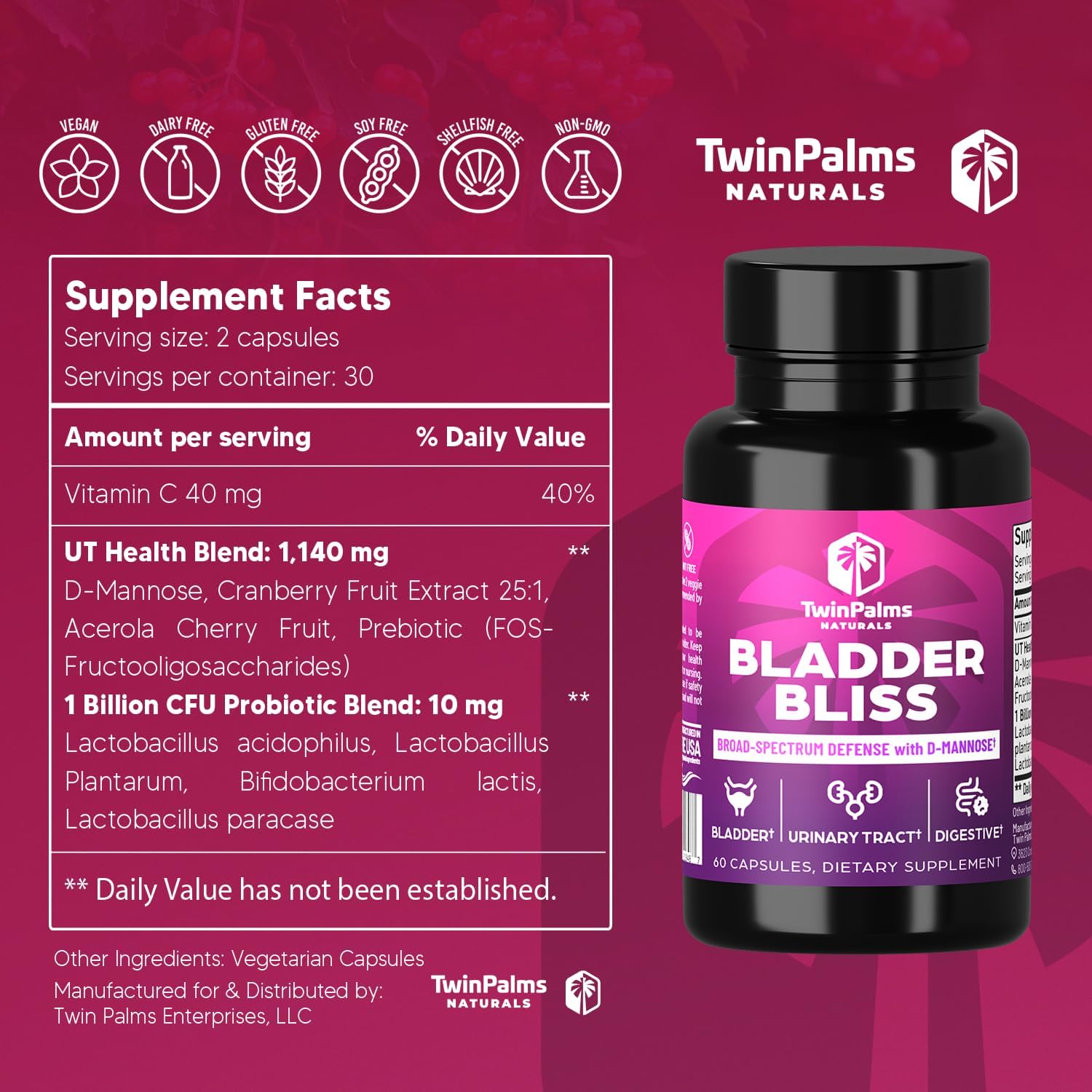 Bladder Bliss: Advanced Cranberry & D-Mannose Supplement for UTI Prevention & Fast-Acting Relief, Non-GMO, Vegan, 60 Ct