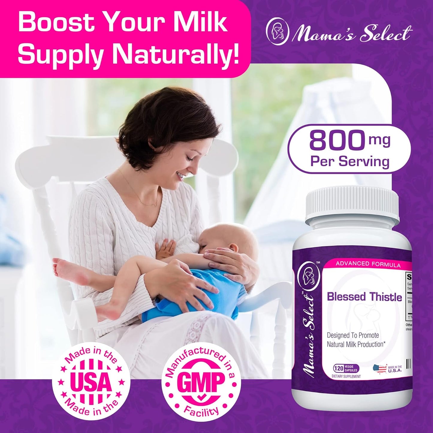 Blessed Thistle Breastfeeding Supplement 800mg - 120 Vegan Capsules for Lactation Support & Increased Breast Milk Production by Mama's Select