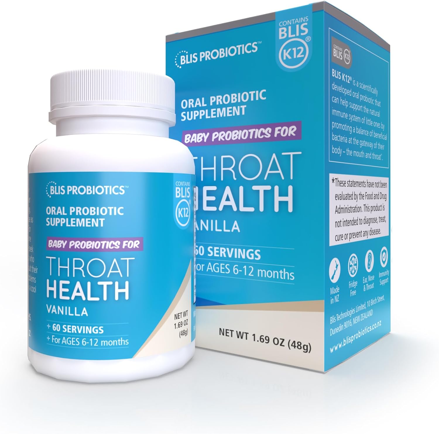 BLIS Probiotics Baby ThroatHealth Oral Probiotics - K12 Formula, 1.25 Billion Cfu, Sugar-Free Powder - 60 Doses for Throat Immunity & Oral Health