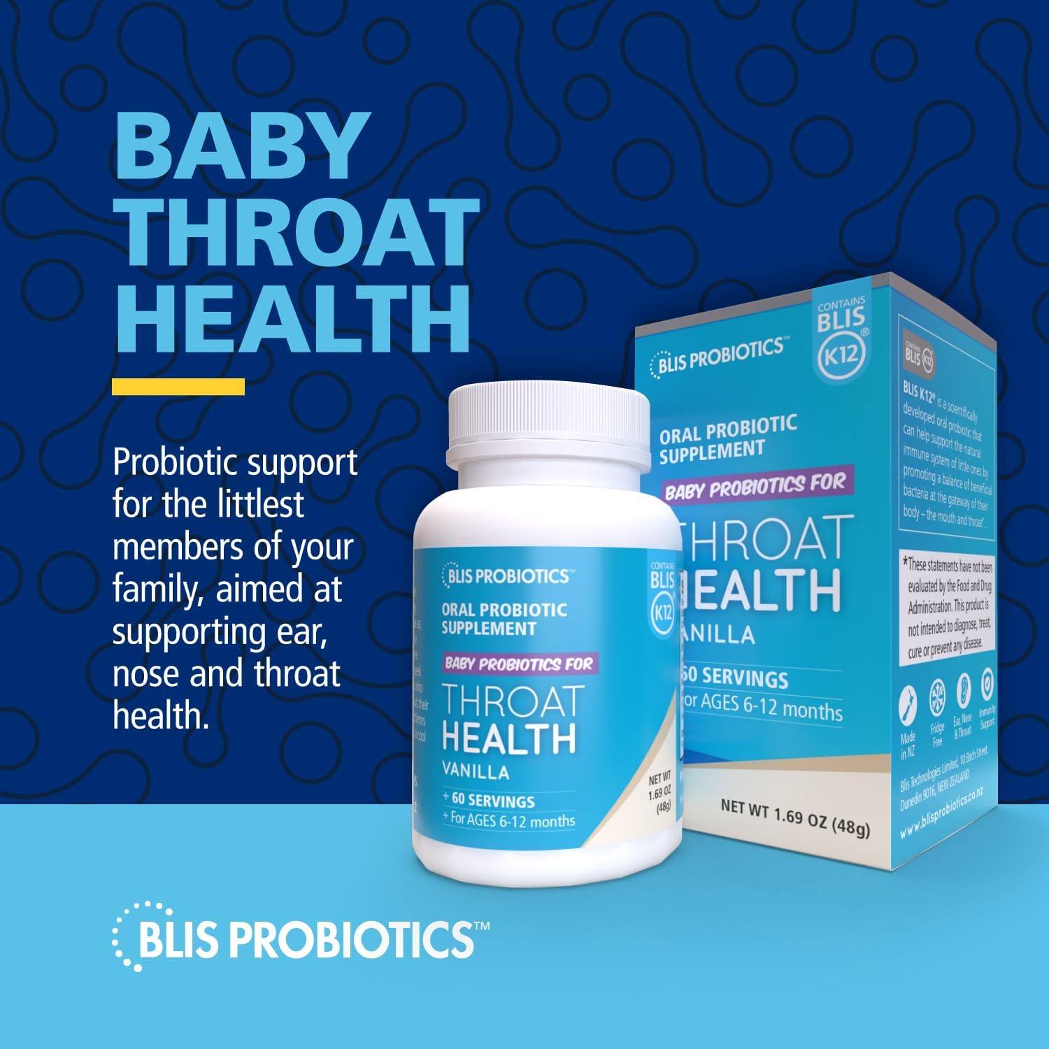 BLIS Probiotics Baby ThroatHealth Oral Probiotics - K12 Formula, 1.25 Billion Cfu, Sugar-Free Powder - 60 Doses for Throat Immunity & Oral Health