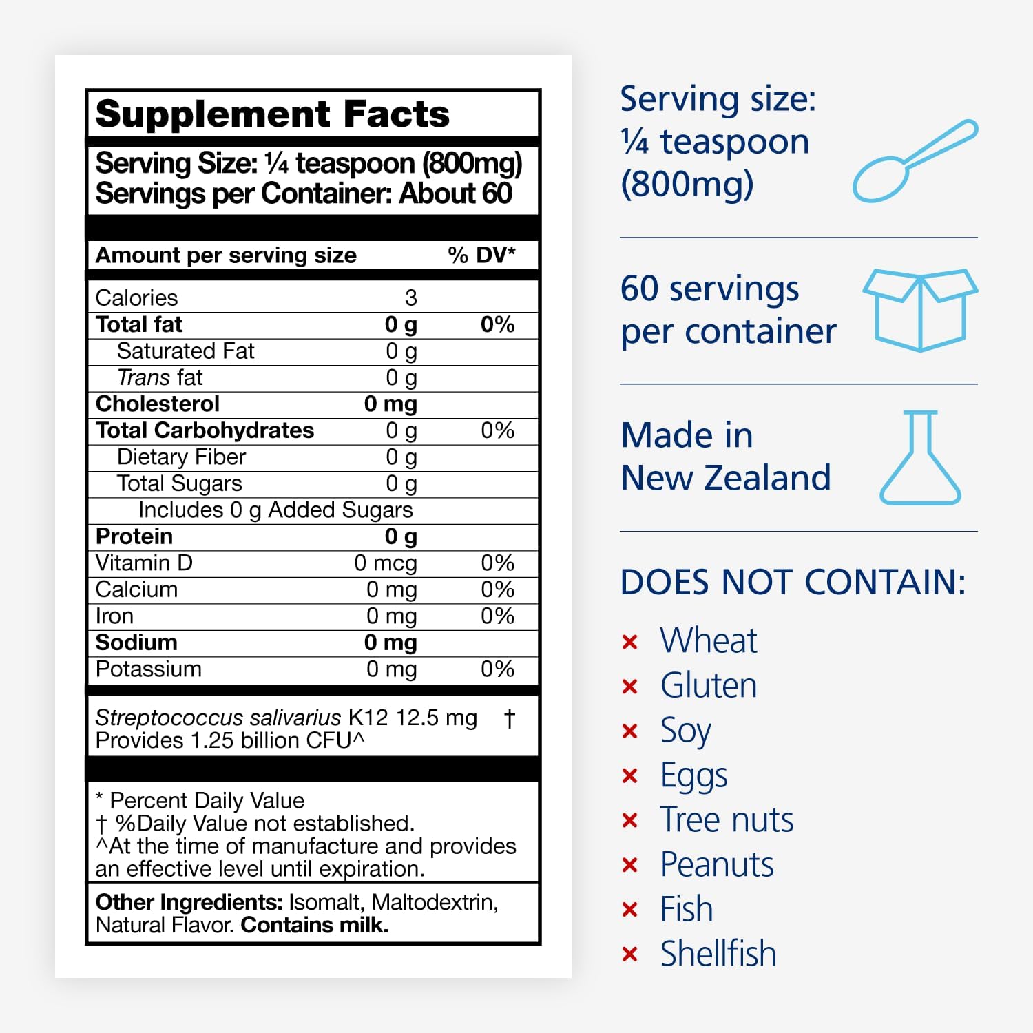 BLIS Probiotics Baby ThroatHealth Oral Probiotics - K12 Formula, 1.25 Billion Cfu, Sugar-Free Powder - 60 Doses for Throat Immunity & Oral Health