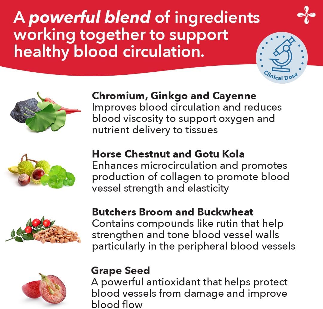 Blood Circulation Support Supplement with Butcher’s Broom, Ginkgo, Cayenne, Grape Seed & Horse Chestnut - Improve Artery, Capillary & Vein Health - 90 Capsules