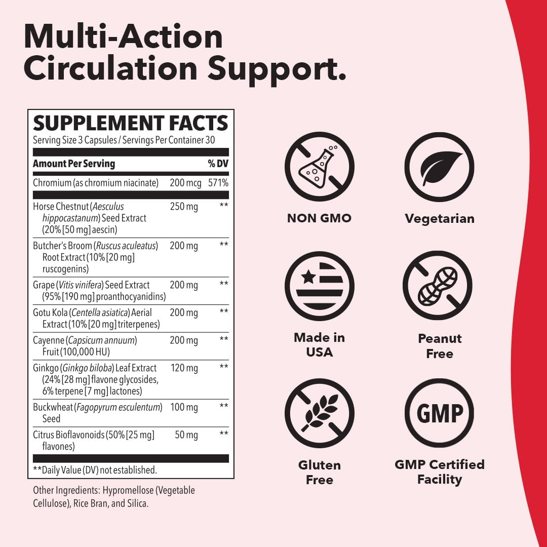 Blood Circulation Support Supplement with Butcher’s Broom, Ginkgo, Cayenne, Grape Seed & Horse Chestnut - Improve Artery, Capillary & Vein Health - 90 Capsules