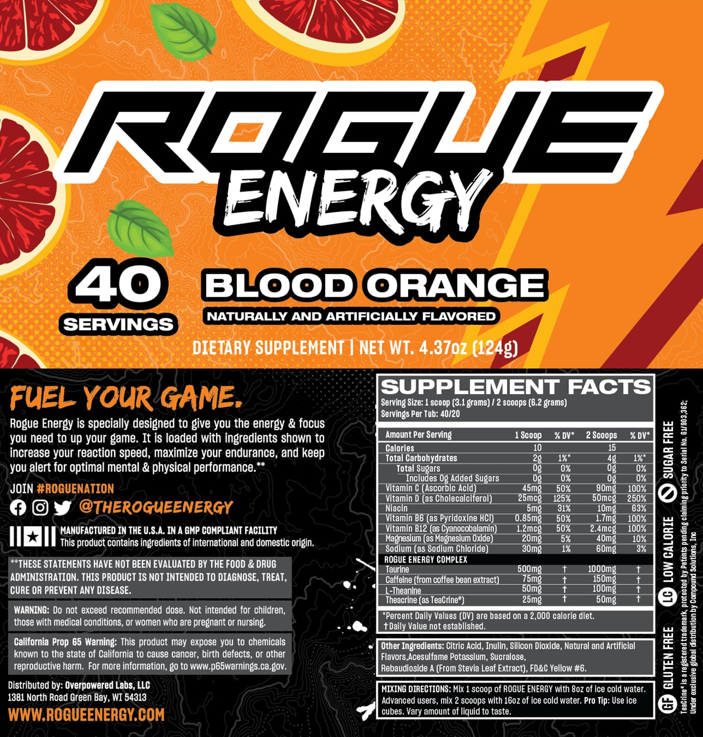 Blood Orange Rogue Energy Powder - Gaming Supplement for Mental Focus - Caffeine & Vitamin Energy Drink Mix - Sugar & Gluten Free - Made in USA - 40 Servings
