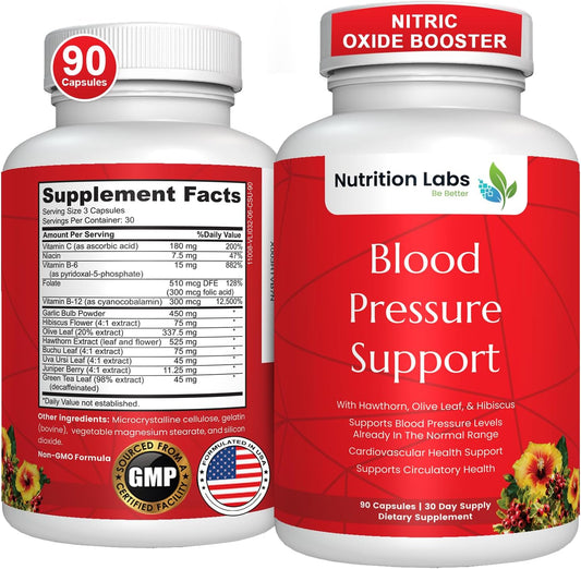 Blood Pressure Cardiovascular Supplement with Hawthorn, Hibiscus, Garlic, Vitamin B12, Folic Acid - Nitric Oxide Support - 90 CT