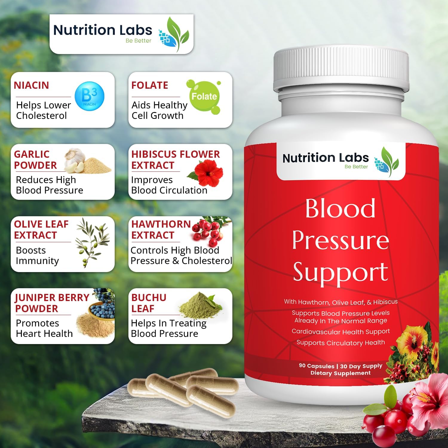 Blood Pressure Cardiovascular Supplement with Hawthorn, Hibiscus, Garlic, Vitamin B12, Folic Acid - Nitric Oxide Support - 90 CT