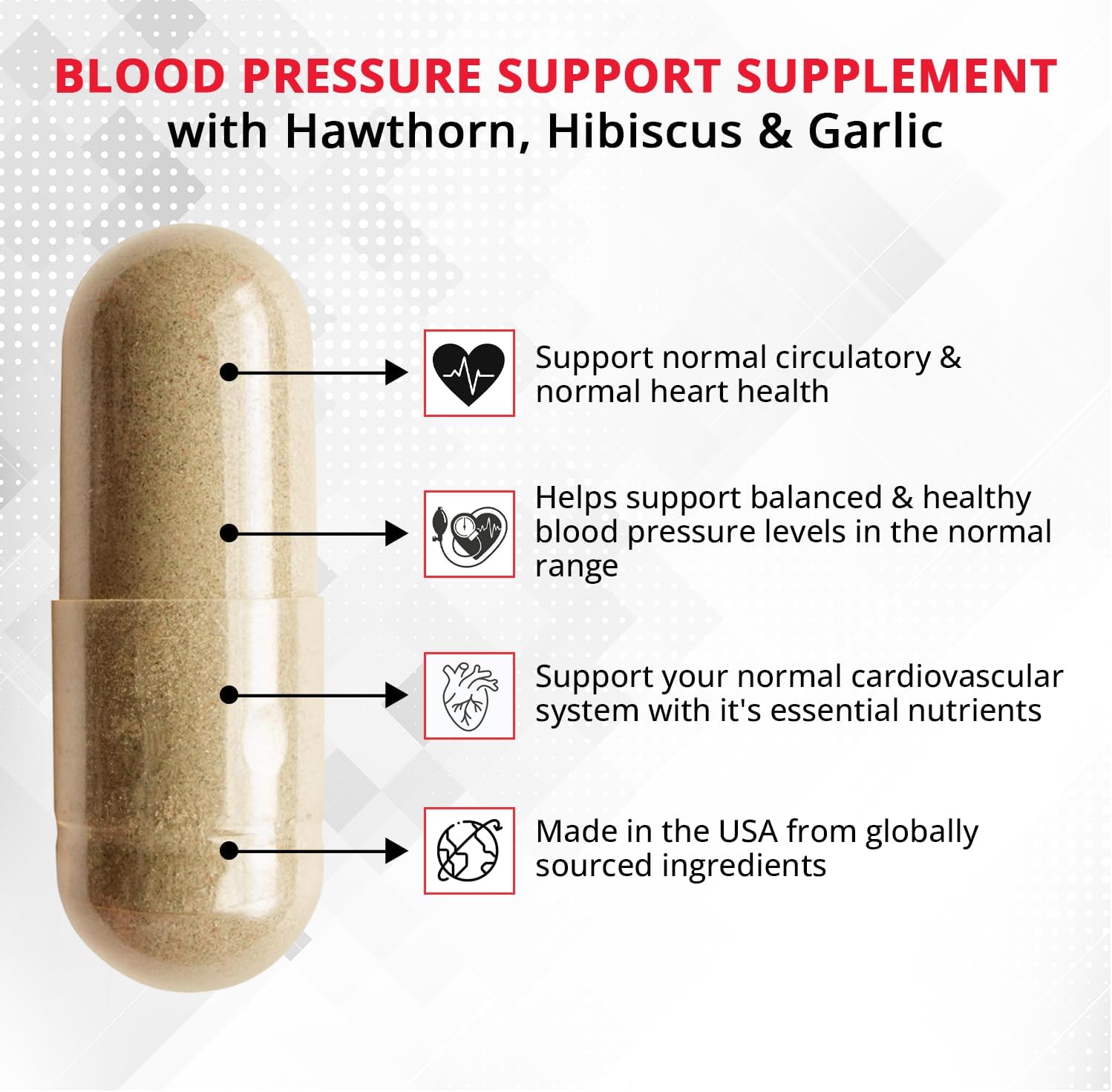 Blood Pressure Cardiovascular Supplement with Hawthorn, Hibiscus, Garlic, Vitamin B12, Folic Acid - Nitric Oxide Support - 90 CT